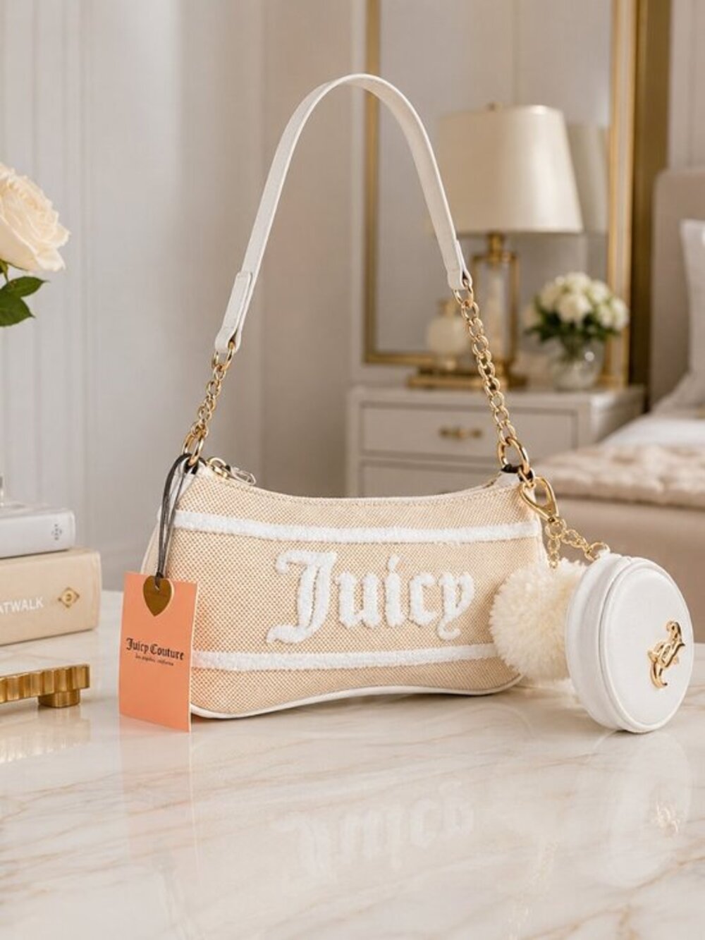 Juicy Couture Beige Chenille Logo Baguette Bag Coin Pouch NWT